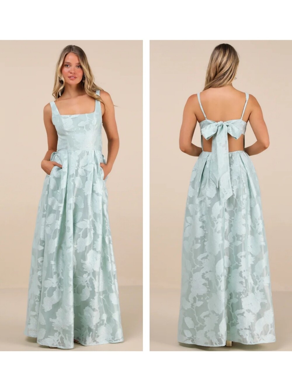 Lulu's Mint Floral Jacquard Maxi Dress with Back Bow
